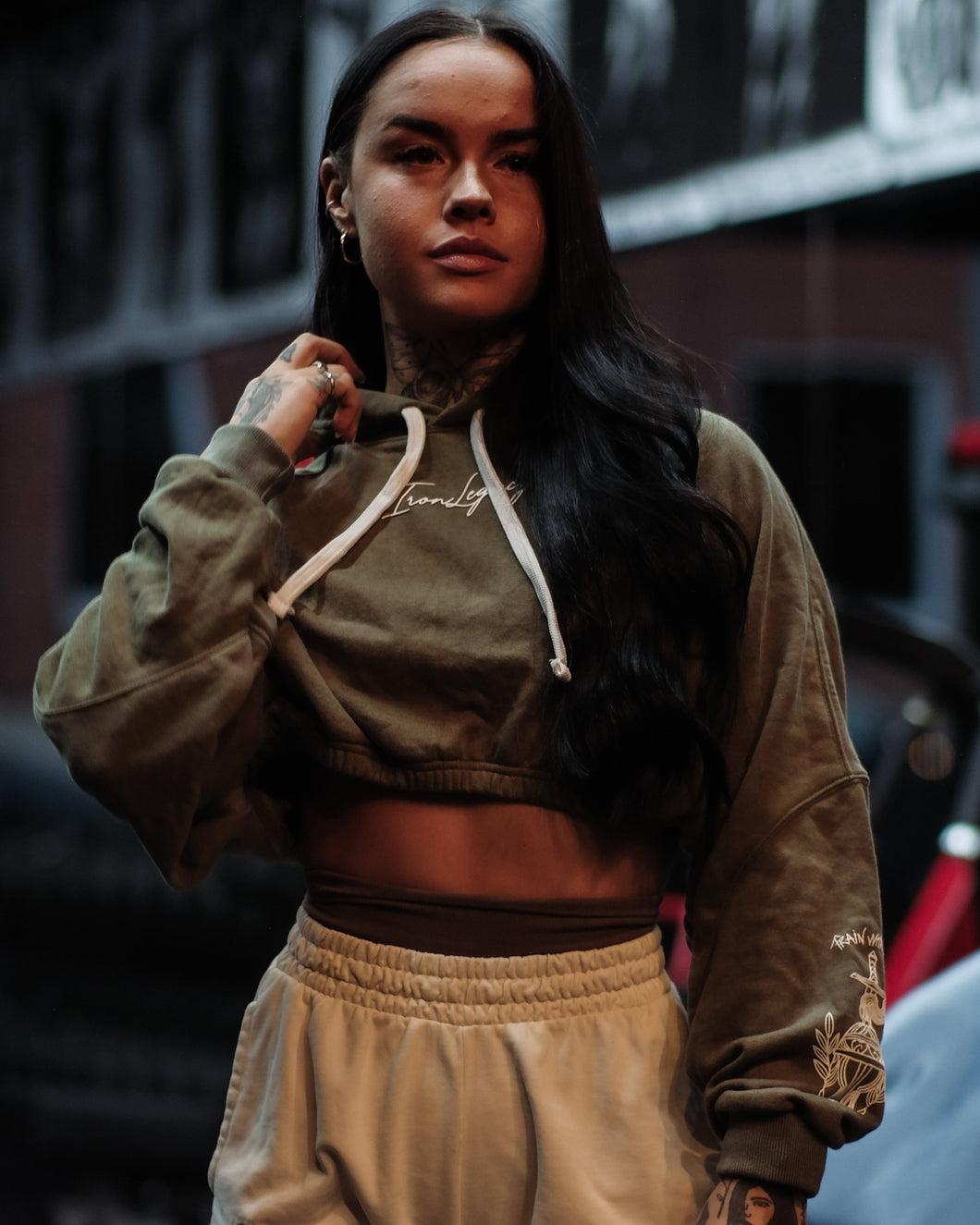 Crop-Top Hoodie Signature Green AcidWash